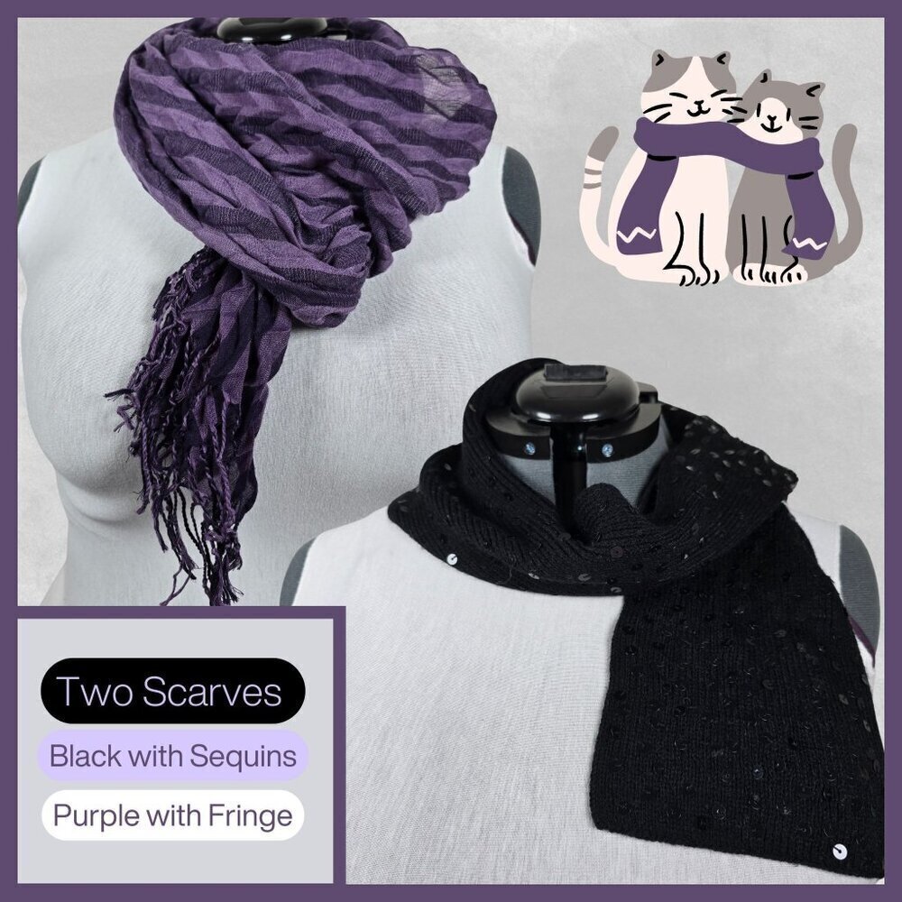 Two Elegant‎ Scarves Set: Black Sequin & Purple Fringe (GUC)